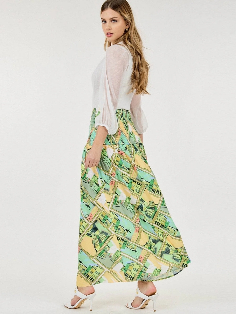 Smock Waist Floral Maxi Skirt Green - Picture 2 of 10